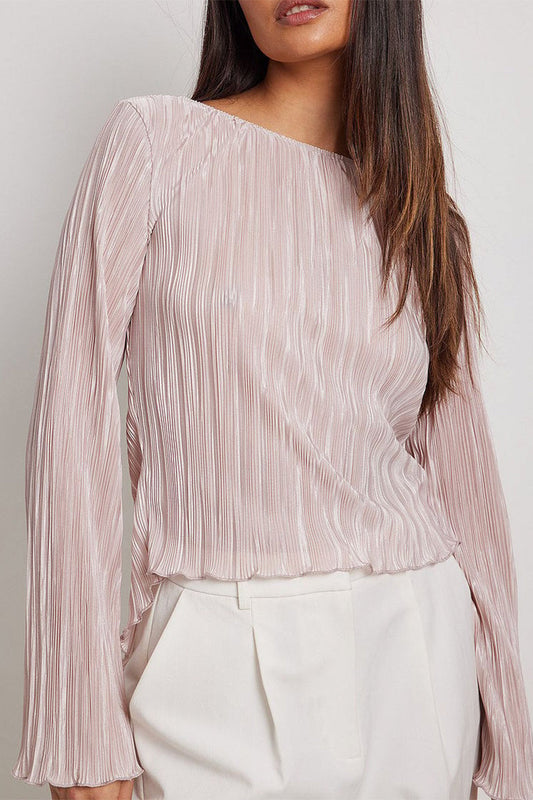 Elegant Solid Frenulum Backless Pleated O Neck Tops Pink