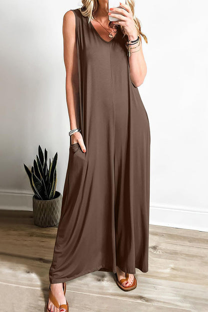 Casual Simplicity Solid Pocket V Neck Loose Jumpsuits Khaki