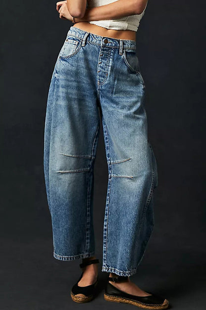 Casual Street Solid Pocket High Waist Denim Jeans Medium Blue