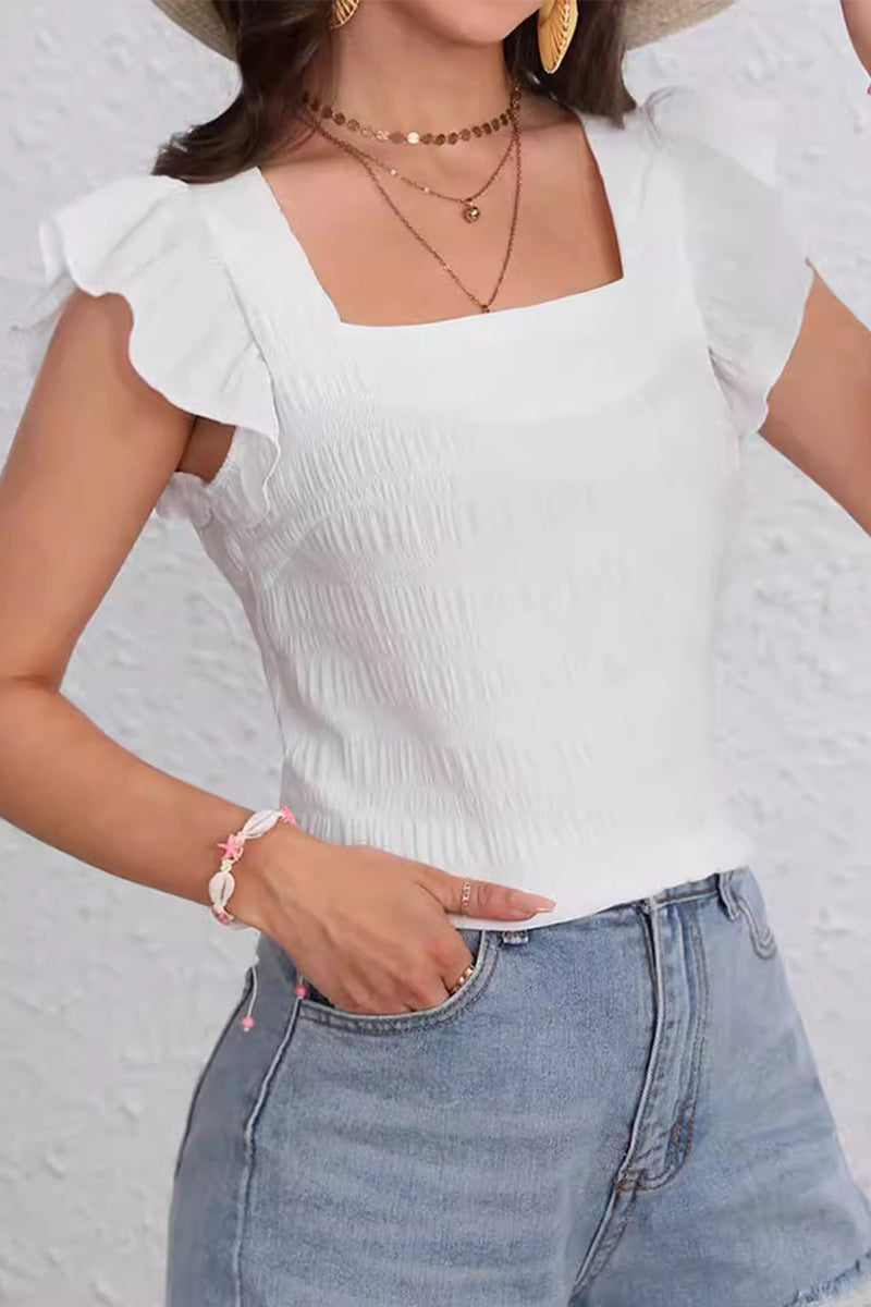 Daily Simplicity Plaid Solid Fold Square Collar T-Shirts