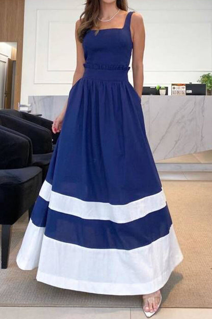 Casual Striped Patchwork Square Collar Sling Dresses Deep Blue