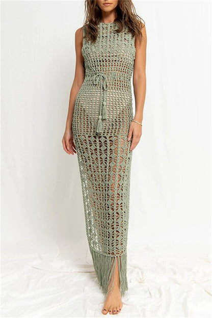 Casual Solid Tassel Hollowed Out See-through Slit O Neck Beach Dresses Green