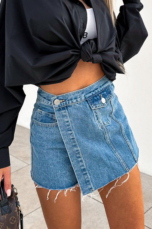 Sweet Daily Solid Make Old Pocket Denim Skirts Light Blue