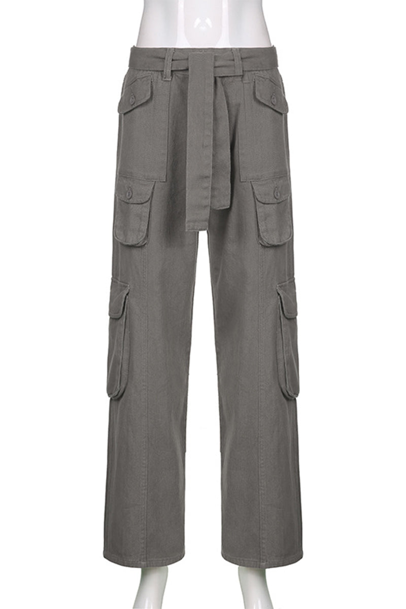 Casual Solid Pocket Loose Low Waist Straight Solid Color Bottoms