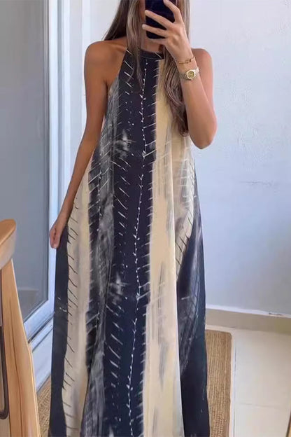 Casual College Gradient Print Backless Contrast Halter Printed Dresses