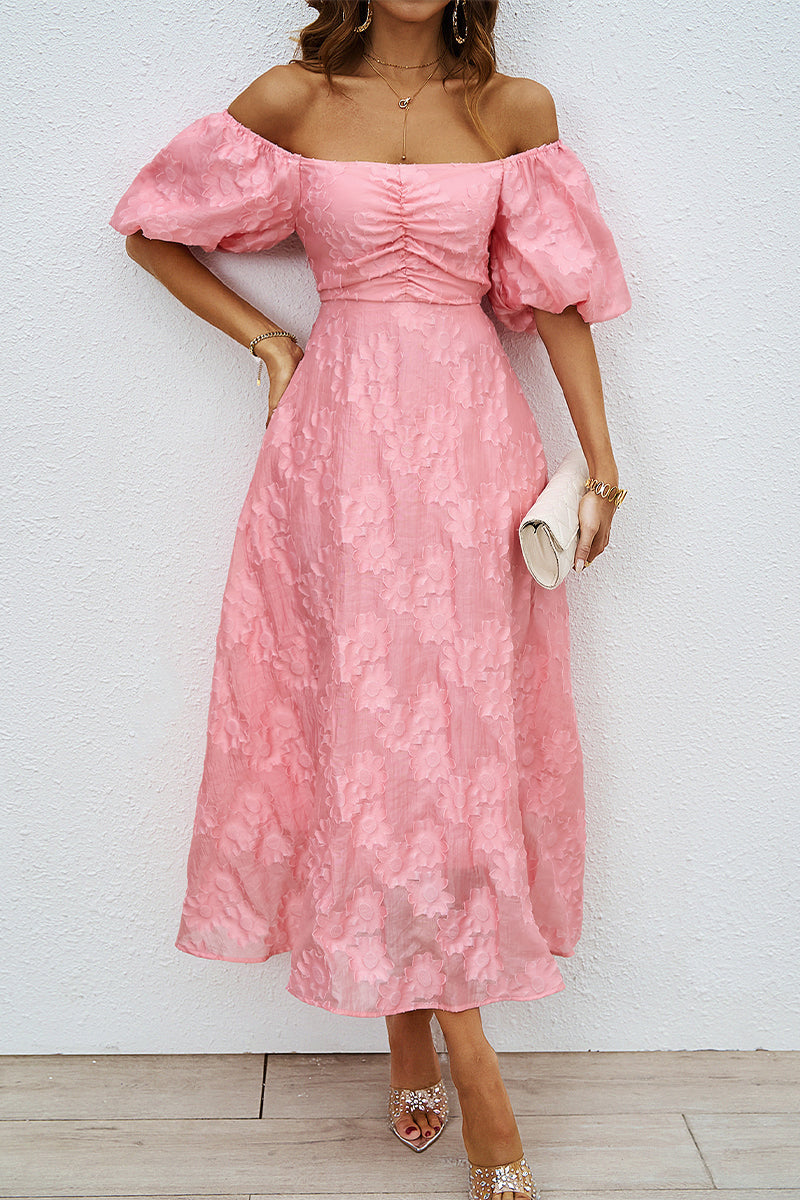 Daily Solid Color Ruched Off Shoulder Ball Gown Short Sleeve Dress