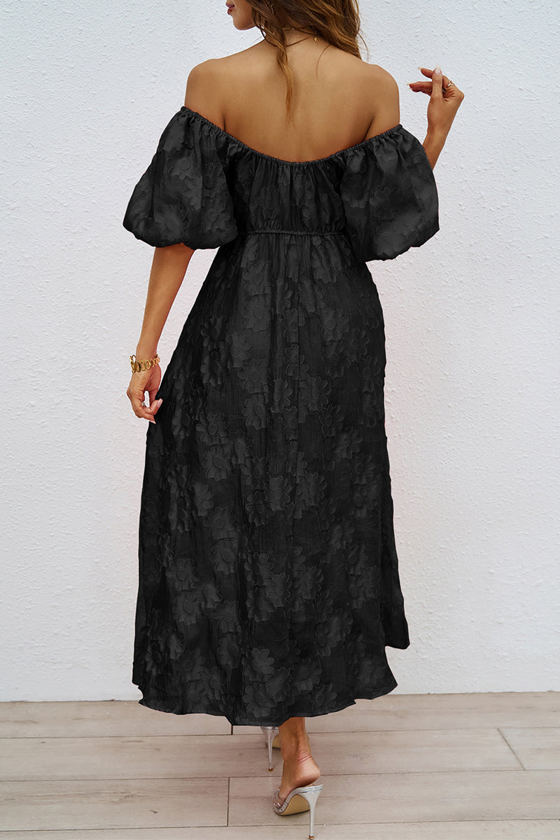 Daily Solid Color Ruched Off Shoulder Ball Gown Short Sleeve Dress
