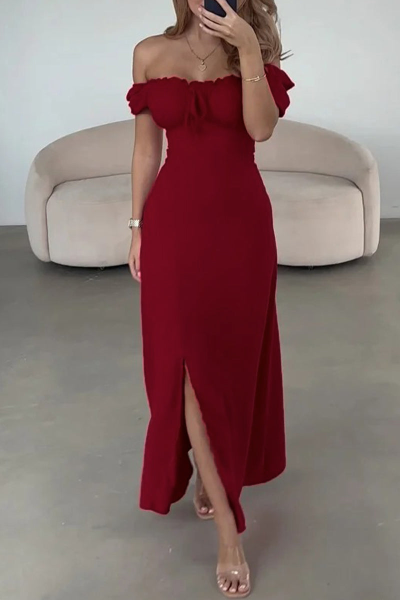 Sexy Solid Color Draw String Slit Off Shoulder A Line Dresses