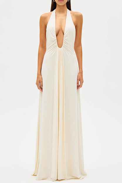 Sexy Solid Color Backless Ruched Halter Sleeveless Dresses