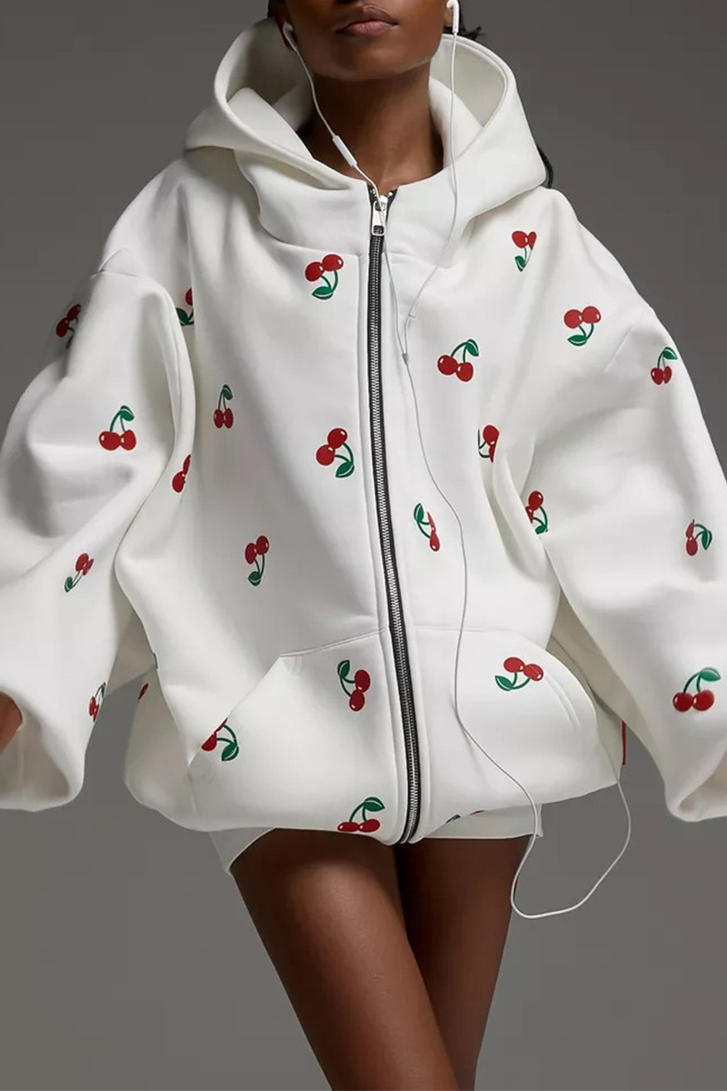Casual Street Fruit Print Pocket Zipper Hooded Tops