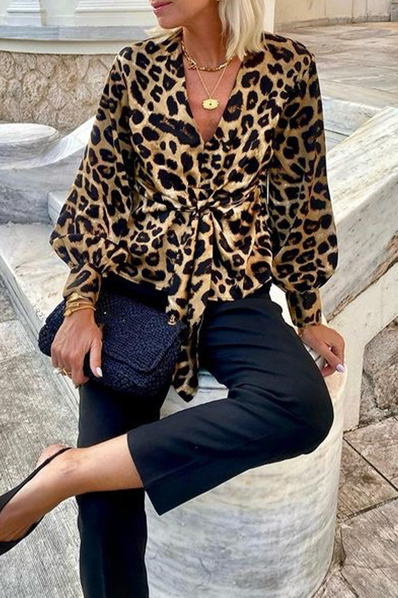 Street Elegant Leopard Print Lace Up V Neck Tops