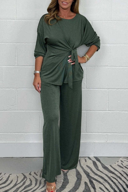 Casual Solid Color Lace Up Ruched O Neck Long Sleeve Two Pieces