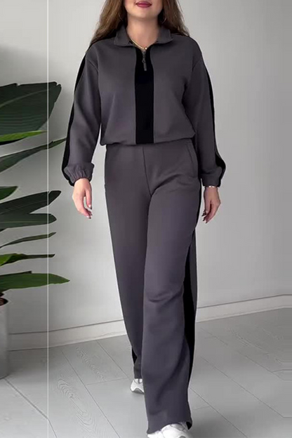 Casual Solid Color Draw String Pocket Patchwork Turndown Collar Long Sleeve Two Pieces