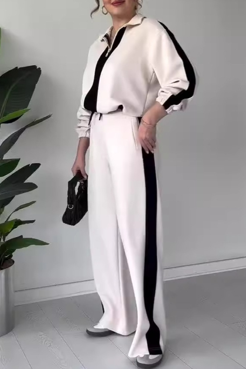 Casual Solid Color Draw String Pocket Patchwork Turndown Collar Long Sleeve Two Pieces