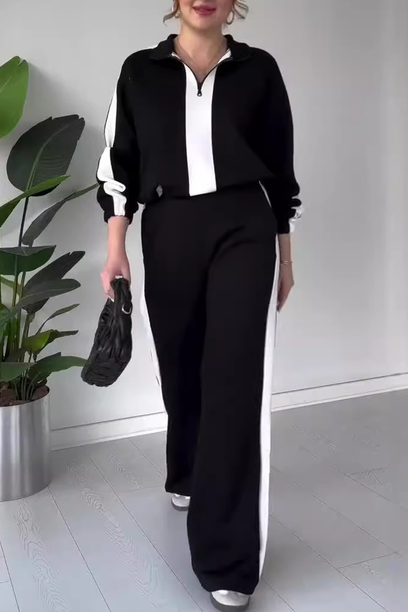 Casual Solid Color Draw String Pocket Patchwork Turndown Collar Long Sleeve Two Pieces