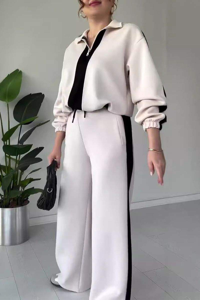 Casual Solid Color Draw String Pocket Patchwork Turndown Collar Long Sleeve Two Pieces