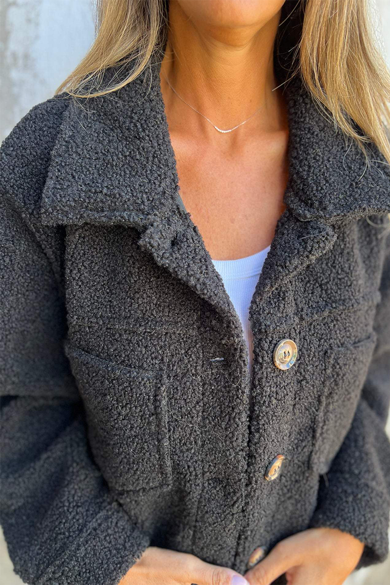 Casual Daily Solid Color Pocket Buttons Fluffy Turndown Collar Outerwear