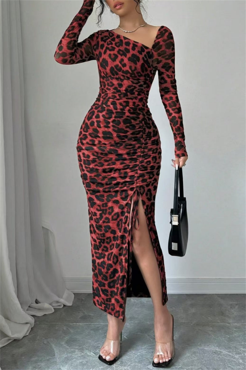 Sexy Casual Leopard Print Draw String Lace Up Slit Oblique Collar Long Sleeve Dresses