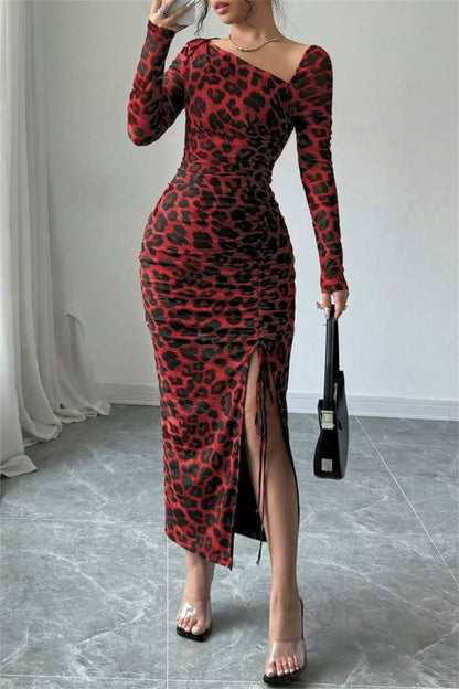 Sexy Casual Leopard Print Draw String Lace Up Slit Oblique Collar Long Sleeve Dresses