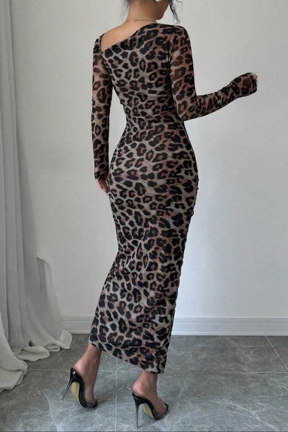 Sexy Casual Leopard Print Draw String Lace Up Slit Oblique Collar Long Sleeve Dresses