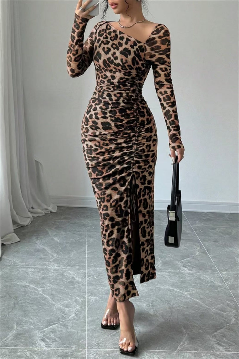 Sexy Casual Leopard Print Draw String Lace Up Slit Oblique Collar Long Sleeve Dresses