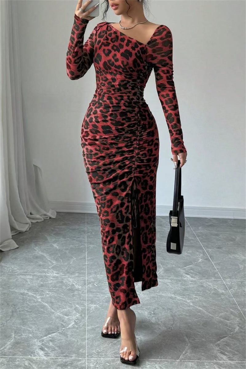 Sexy Casual Leopard Print Draw String Lace Up Slit Oblique Collar Long Sleeve Dresses