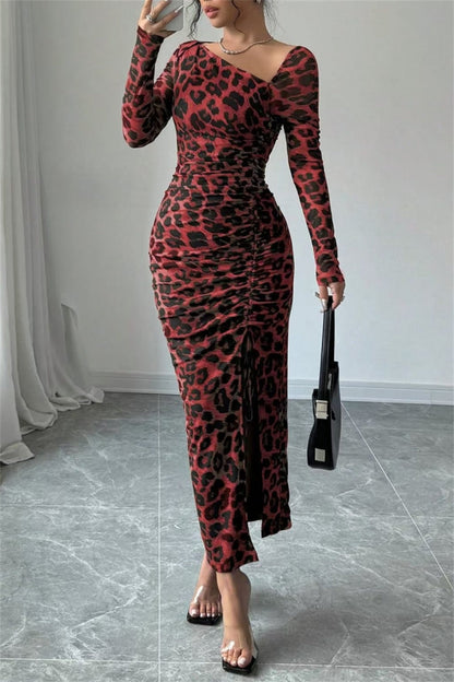 Sexy Casual Leopard Print Draw String Lace Up Slit Oblique Collar Long Sleeve Dresses