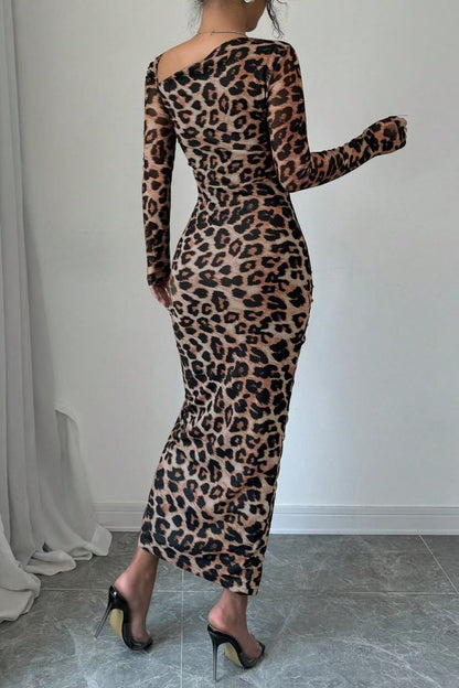 Sexy Casual Leopard Print Draw String Lace Up Slit Oblique Collar Long Sleeve Dresses