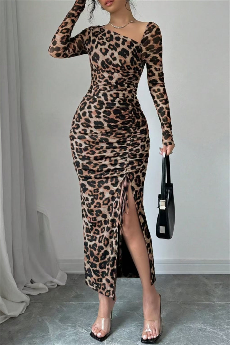 Sexy Casual Leopard Print Draw String Lace Up Slit Oblique Collar Long Sleeve Dresses