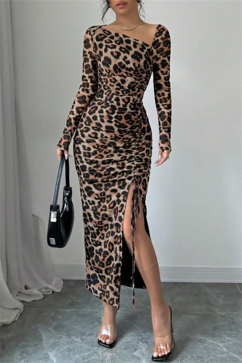 Sexy Casual Leopard Print Draw String Lace Up Slit Oblique Collar Long Sleeve Dresses