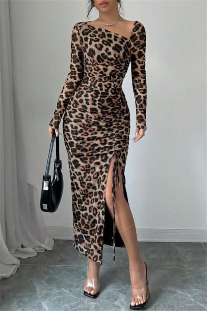 Sexy Casual Leopard Print Draw String Lace Up Slit Oblique Collar Long Sleeve Dresses