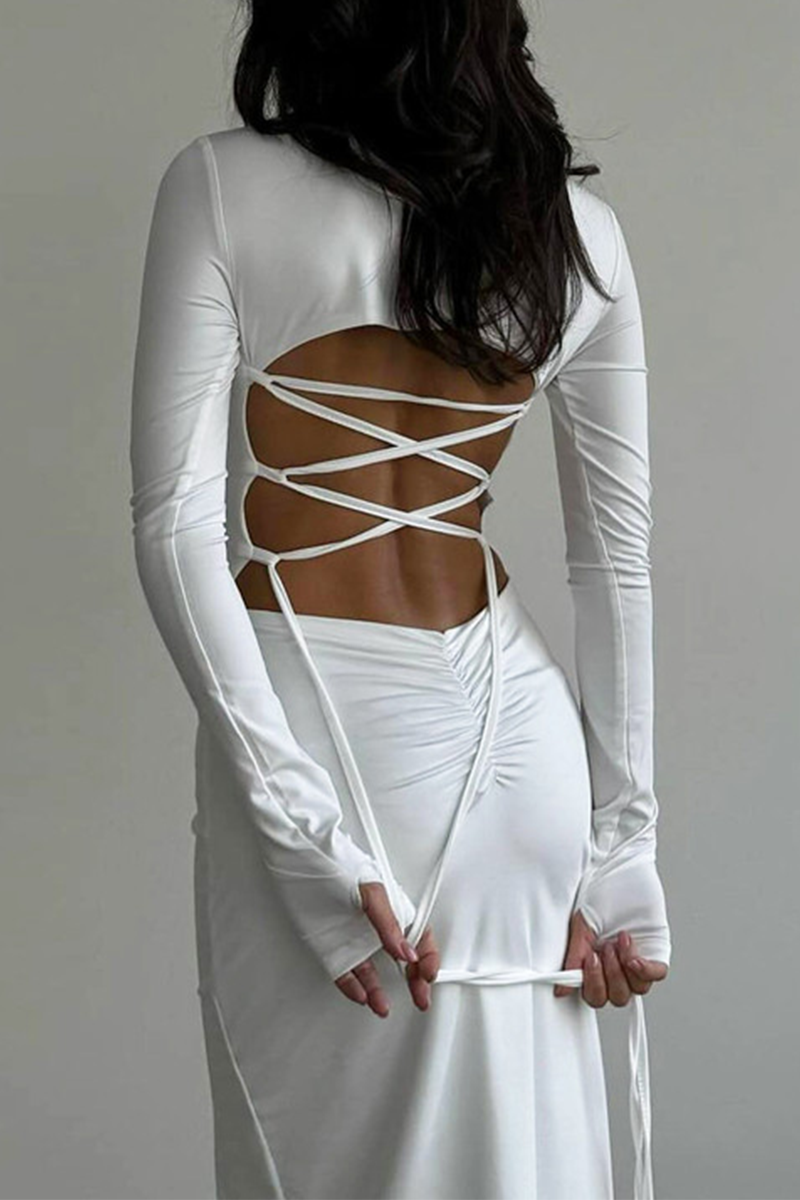 Sexy Solid Color Backless Slit Strap Design O Neck Long Sleeve Dresses