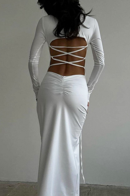 Sexy Solid Color Backless Slit Strap Design O Neck Long Sleeve Dresses
