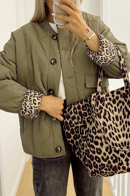 Casual Solid Color Buttons Leopard O Neck Outerwear