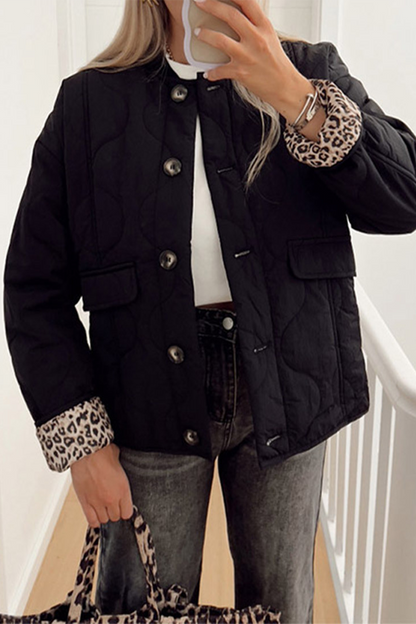 Casual Solid Color Buttons Leopard O Neck Outerwear