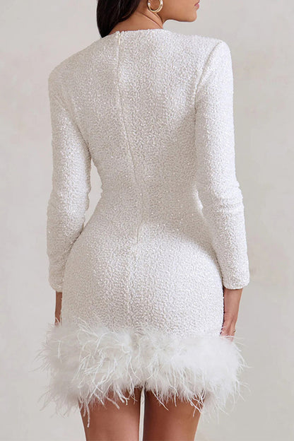 Sexy Party Solid Color Sequins Feather Hemline O Neck Evening Dresses