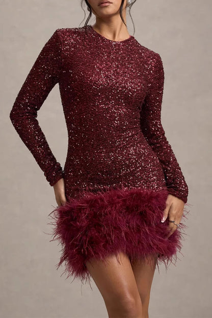 Sexy Party Solid Color Sequins Feather Hemline O Neck Evening Dresses