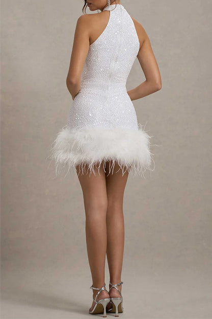 Sexy Party Solid Color Sequins Zipper Feather Hemline Halter Evening Dresses