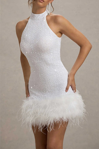 Sexy Party Solid Color Sequins Zipper Feather Hemline Halter Evening Dresses