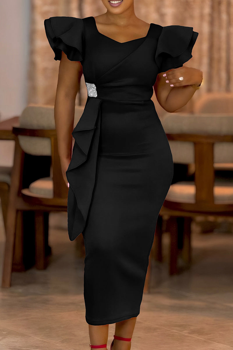 Casual Solid Color Patchwork Ruffled Trim Asymmetrical Collar Wrapped Skirt Dresses