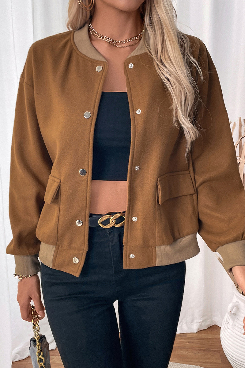 Casual Solid Color Pocket Buttons O Neck Outerwear