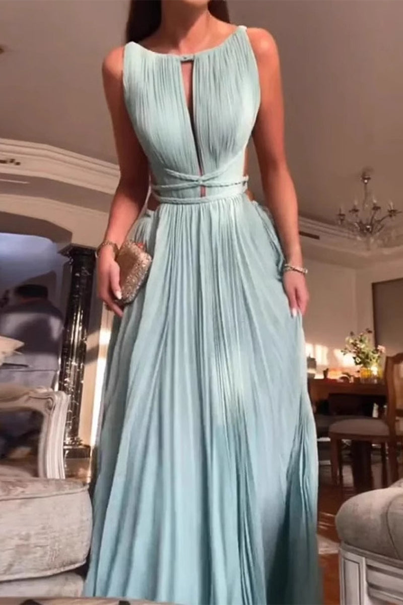 Sexy Solid Color Backless Strap Design Pleated O Neck Pleated Dresses