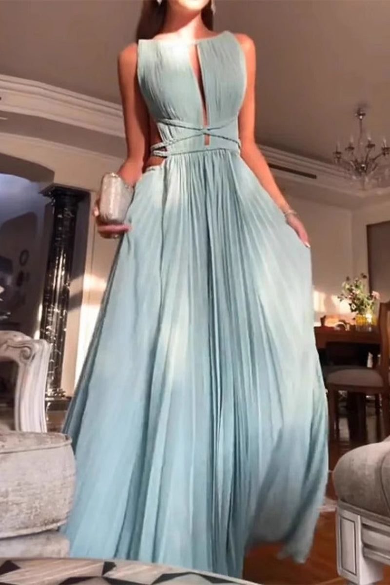 Sexy Solid Color Backless Strap Design Pleated O Neck Pleated Dresses
