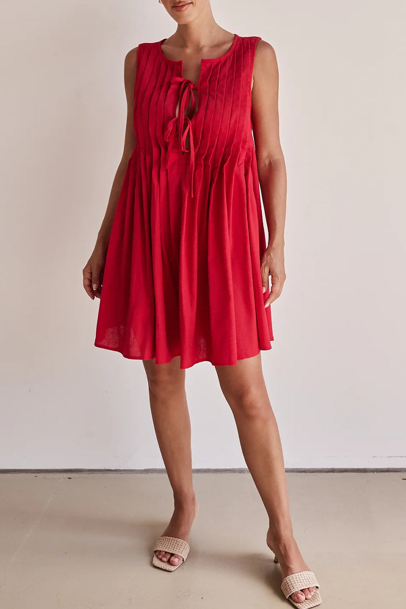 Casual Daily Solid Color Lace Up Pleated O Neck Pleated Dresses