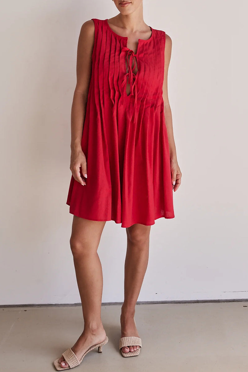Casual Daily Solid Color Lace Up Pleated O Neck Pleated Dresses