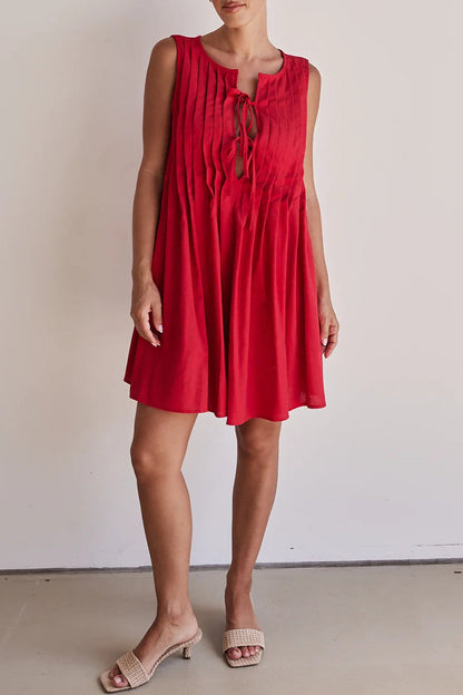 Casual Daily Solid Color Lace Up Pleated O Neck Pleated Dresses