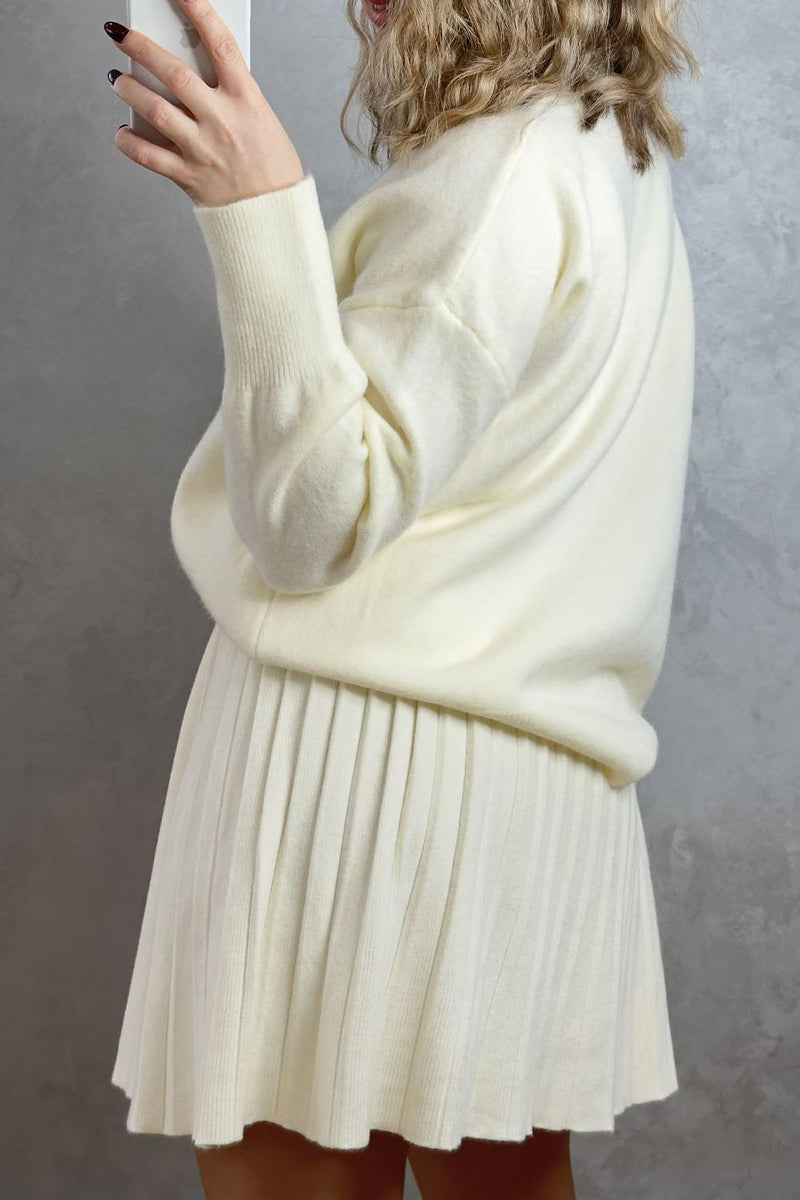 Elegant Solid Color Patchwork Pleated O Neck Long Sleeve Two Pieces