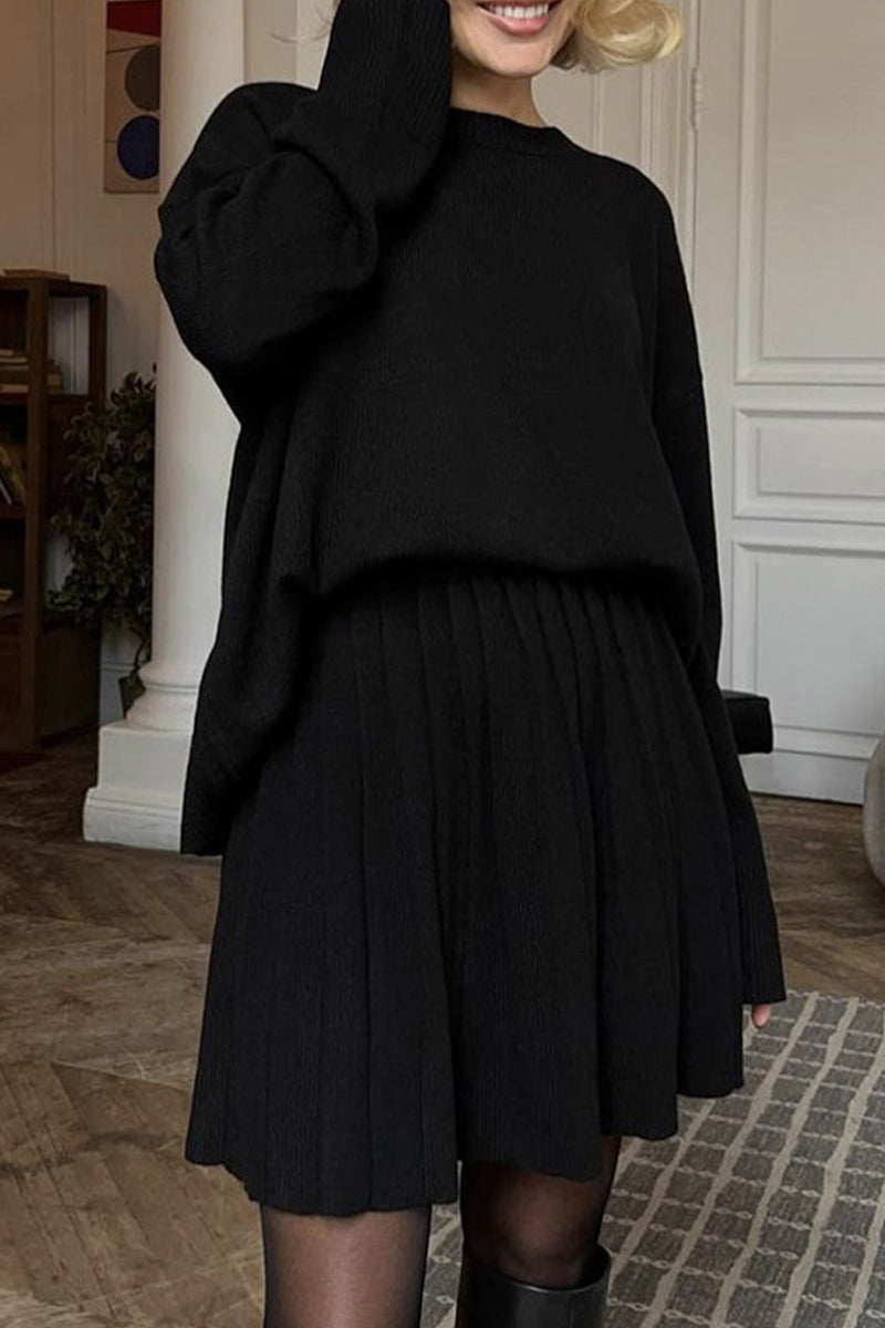 Elegant Solid Color Patchwork Pleated O Neck Long Sleeve Two Pieces