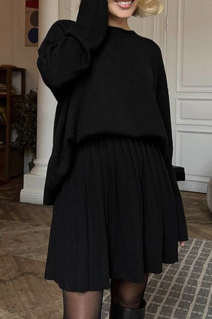 Elegant Solid Color Patchwork Pleated O Neck Long Sleeve Two Pieces