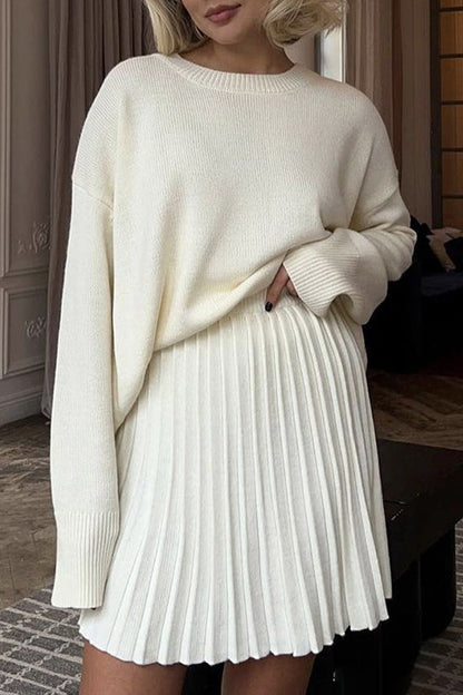 Elegant Solid Color Patchwork Pleated O Neck Long Sleeve Two Pieces
